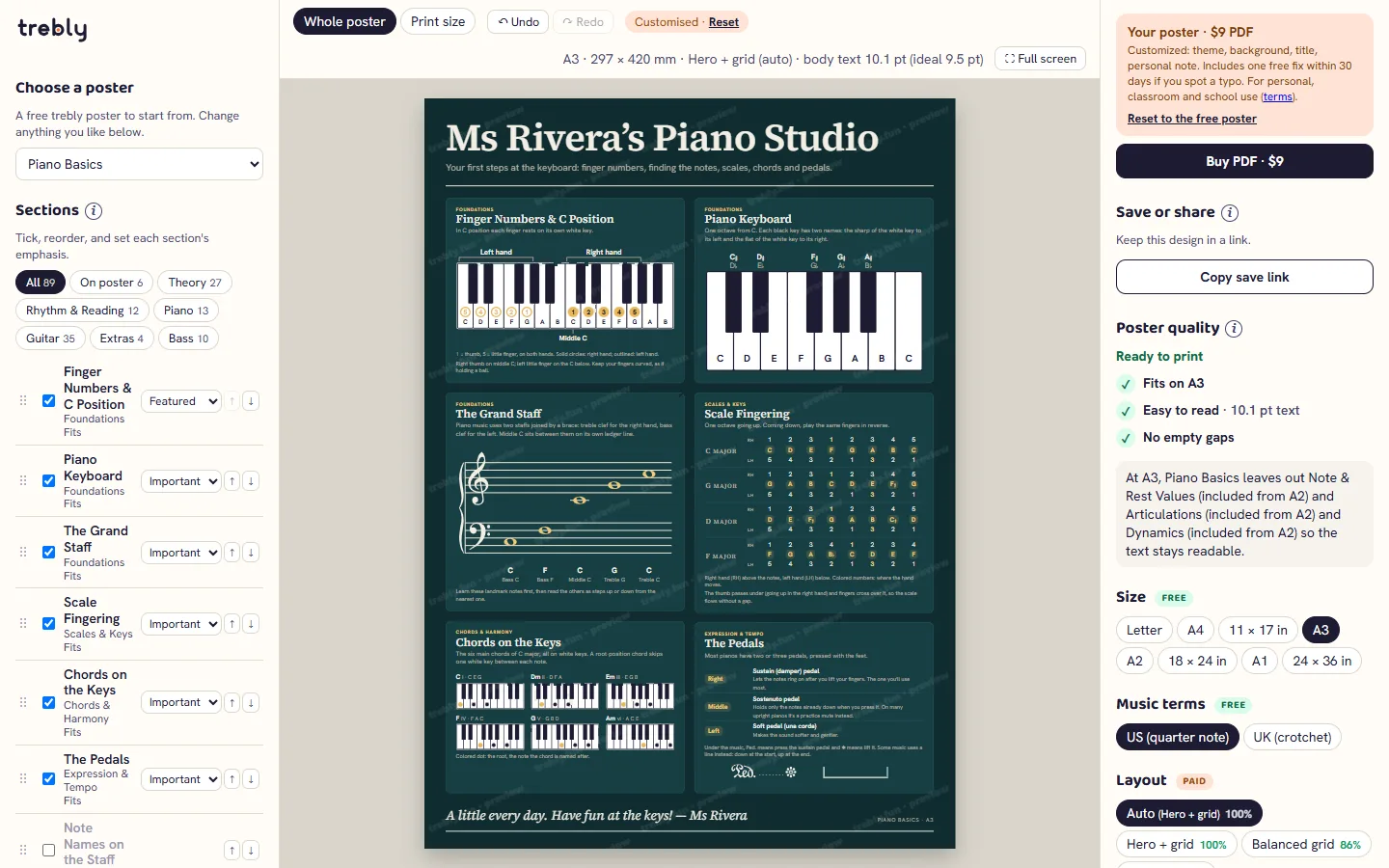 The trebly Music Theory Poster Maker: the list of sections on the left, a dark teal piano poster titled Ms Rivera’s Piano Studio in the middle, and size, style and price on the right